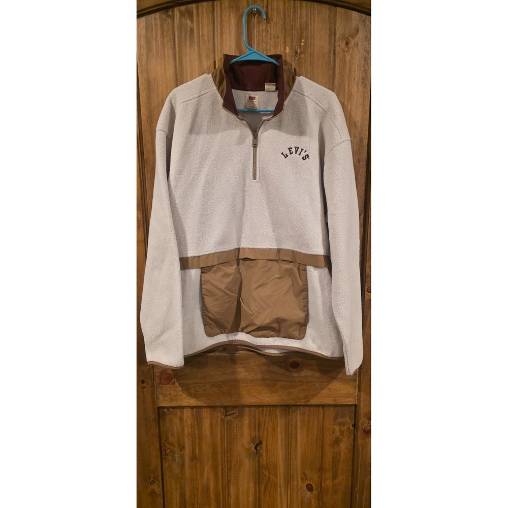 Levi's Sweatshirt Womens Large Ivory Brown Fleece 1/4 Zip Relaxed Fit Pullover